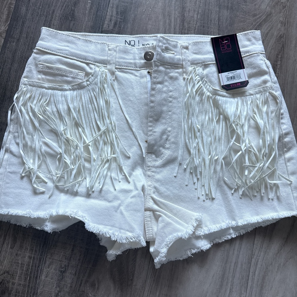 No Boundaries White Fringe Jean Shorts